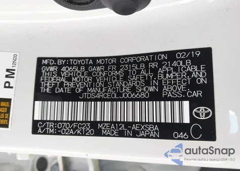 2020 Toyota Corolla Se z USA, uszkodzony, nr VIN JTDS4RCE0LJ006680